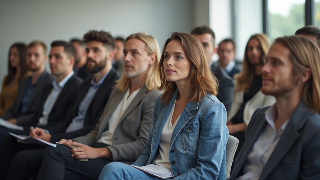 Diverse groep professionals die aandachtig luistert naar een spreker in vergaderzaal