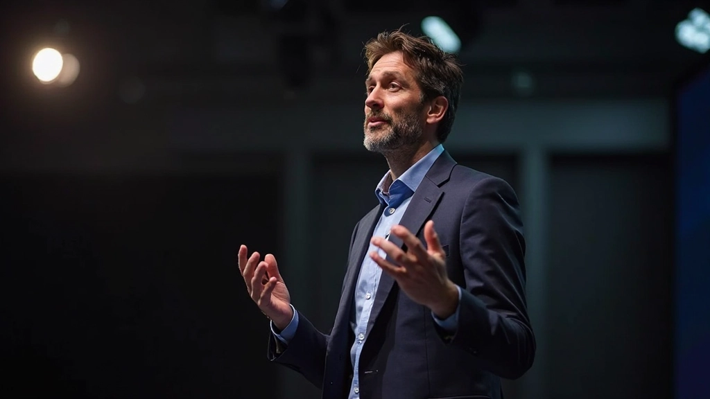 Spreker demonstreert effectieve lichaamstaal met zelfvertrouwen op het podium