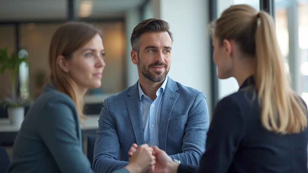 Professionele foto van twee mensen in gesprek met actieve luisterhouding in modern kantooromgeving