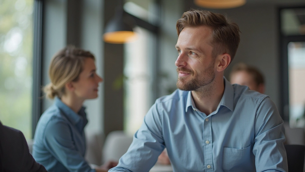 Zelfverzekerde man voert gesprek met collega aan moderne kantoor tafel met natuurlijk licht