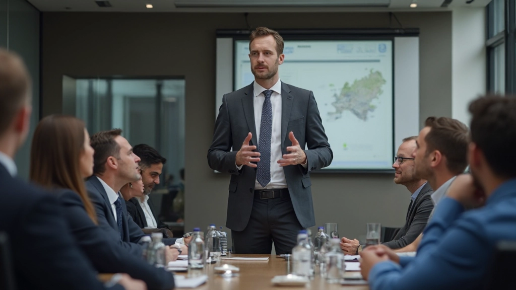 Zelfverzekerde man geeft presentatie voor diverse groep mensen in moderne vergaderruimte met professionele verlichting