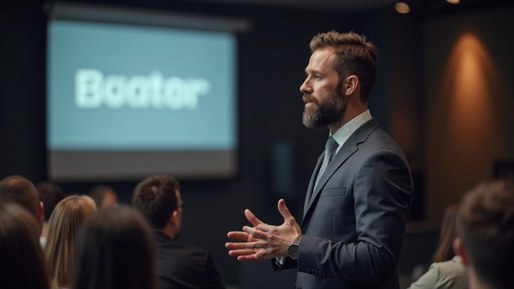 Professioneel beeld van spreker die zelfverzekerd presenteert voor een publiek in een moderne zaal