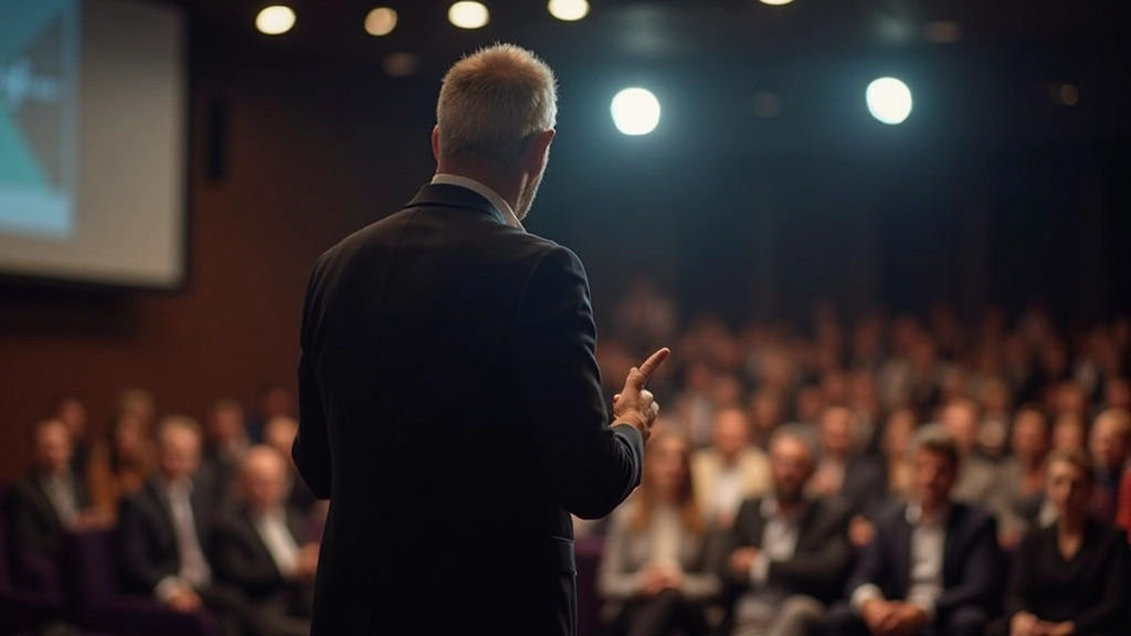 Spreker met zelfvertrouwen staat voor groot publiek in groot auditorium