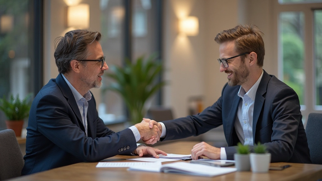 Twee professionals voeren zakelijk gesprek met vriendelijke lichaamstaal in modern kantooromgeving met zachte verlichting