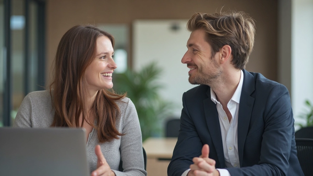 Twee professionals voeren zakelijk gesprek met vriendelijke lichaamstaal in modern kantooromgeving met zachte verlichting