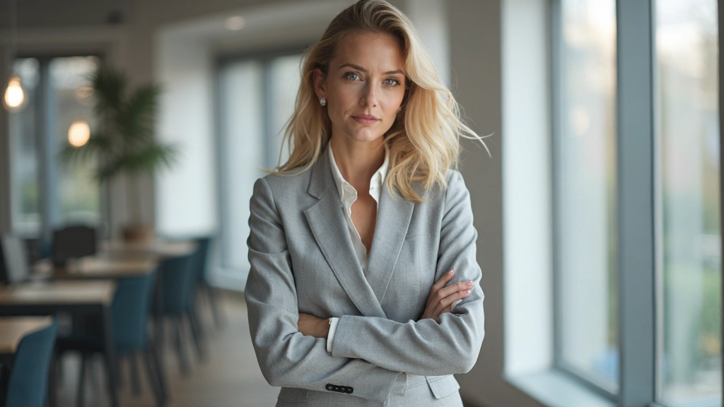 Zelfverzekerde vrouw met positieve lichaamstaal in professionele kantoorumgeving met natuurlijk daglicht